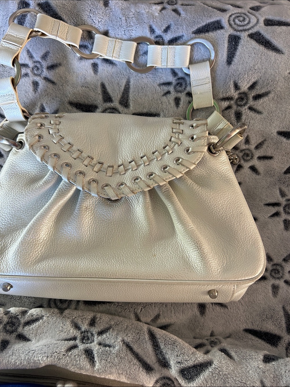 Cream Leather Shoulder Bag with Braided Flap